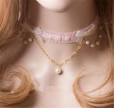 Pink Princess Gothic Necklace Collar Pearl Butterfly Knot Soft Sister Choker