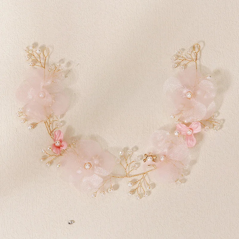 Pink Flower Crystal Headbands Pearl Hair Accessories Bridal Wedding Jewelry