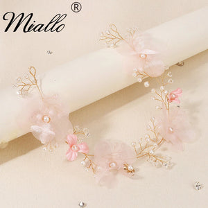 Pink Flower Crystal Headbands Pearl Hair Accessories Bridal Wedding Jewelry