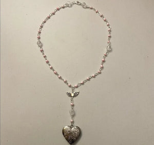 Pink Heart Locket Rosary Necklace