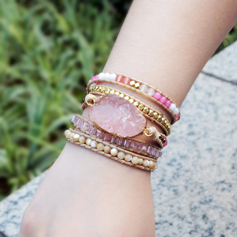 Pink Quartz 5 Wraps Bracelet for Women
