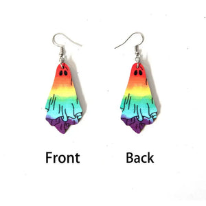 Rainbow Ghost Earrings Double Side Print Wooden Halloween Statement Earrings
