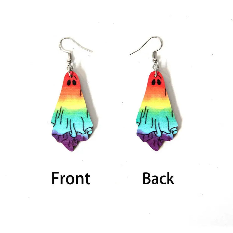 Rainbow Ghost Earrings Double Side Print Wooden Halloween Statement Earrings