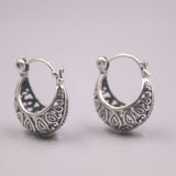 S925 Silver Earring Hoop Retro Circle Hollow Flowers Bohemian Ethnic