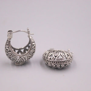 S925 Silver Earring Hoop Retro Circle Hollow Flowers Bohemian Ethnic