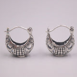 S925 Silver Earring Hoop Retro Circle Hollow Flowers Bohemian Ethnic