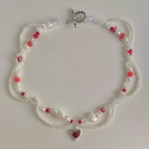 Red Heart Beads Necklace Pearls Beaded Y2K Necklace Choker