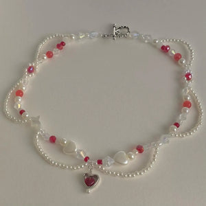 Red Heart Beads Necklace Pearls Beaded Y2K Necklace Choker