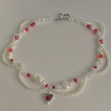 Red Heart Beads Necklace Pearls Beaded Y2K Necklace Choker