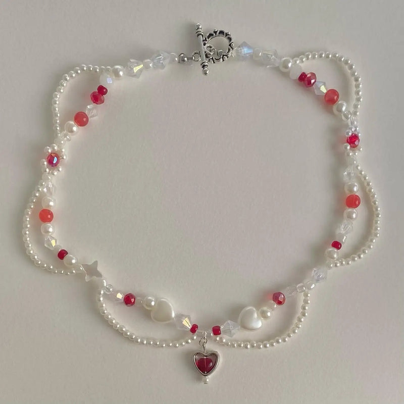 Red Heart Beads Necklace Pearls Beaded Y2K Necklace Choker