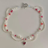 Red Heart Beads Necklace Pearls Beaded Y2K Necklace Choker