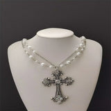Rhinestone Pearl Chain & Cross Chokers Necklace Goth Punk Jewelry