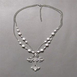 Rhinestone Pearl Chain & Cross Chokers Necklace Goth Punk Jewelry