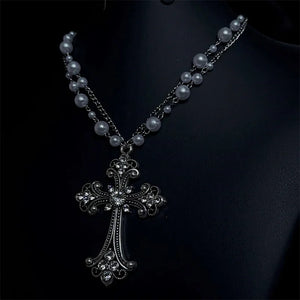 Rhinestone Pearl Chain & Cross Chokers Necklace Goth Punk Jewelry