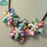 Multicolor Shell Flower Leather Necklace with Pearls