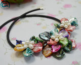 Multicolor Shell Flower Leather Necklace with Pearls