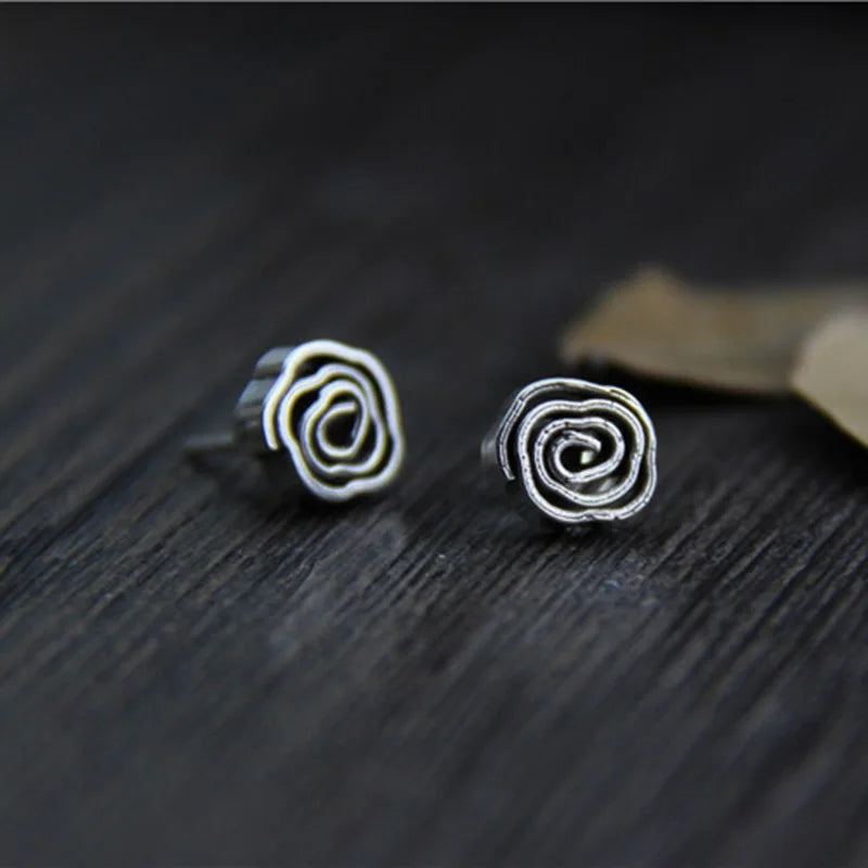 Silver Rose Flowers Stud Earrings S925 Sterling Silver Vintage Jewelry
