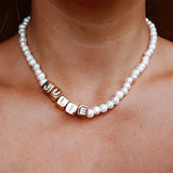 Square Letter Necklace Natural Pearl Name Choker Gift