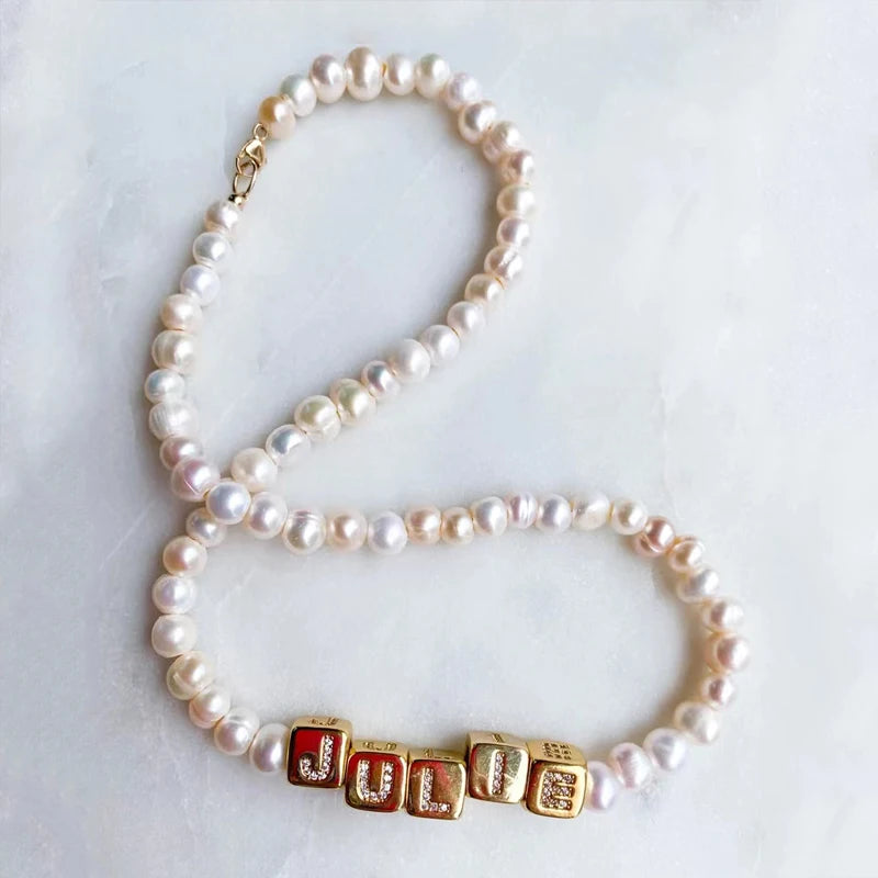 Square Letter Necklace Natural Pearl Name Choker Gift