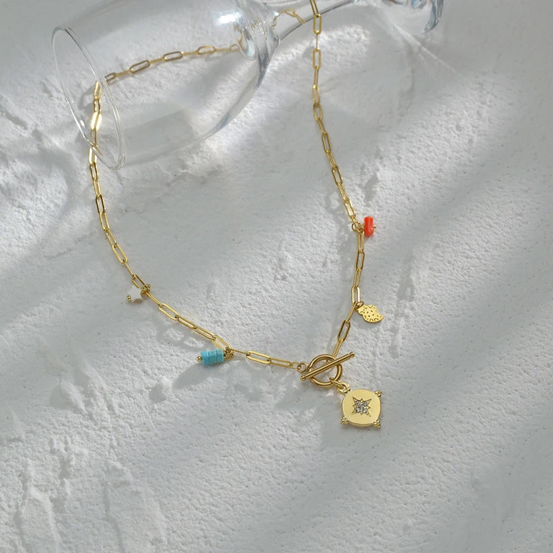 Stainless Steel Toggle Chain Collar Necklace Natural Stone Pendant