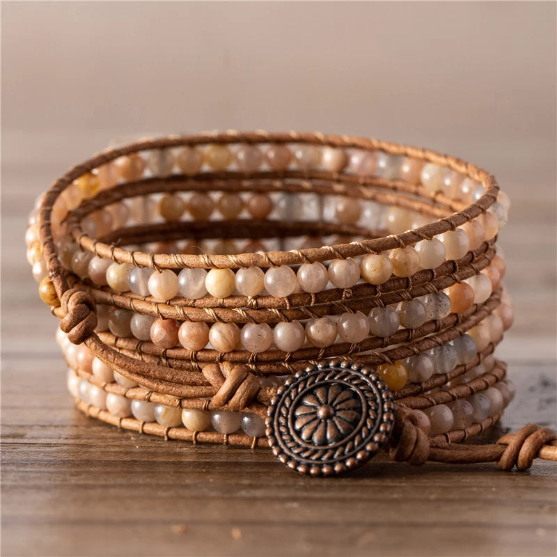 Sun Stone 5 Rows Beaded Leather Wrap Bracelet Vintage Boho Bracelet