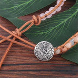 Tree of Life Charm Pink Crystal & Serpenggiante Beaded Leather Bracelet
