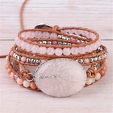 Tree of Life Charm Pink Crystal & Serpenggiante Beaded Leather Bracelet