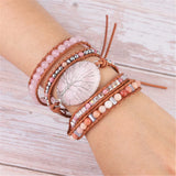 Tree of Life Charm Pink Crystal & Serpenggiante Beaded Leather Bracelet