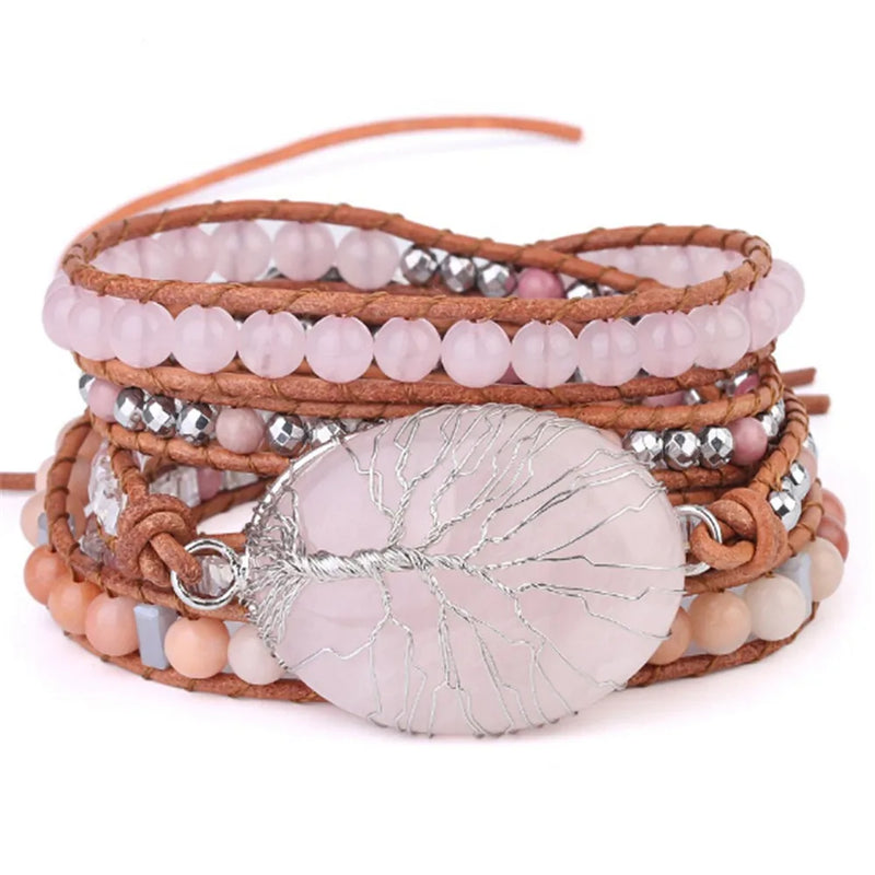Tree of Life Charm Pink Crystal & Serpenggiante Beaded Leather Bracelet