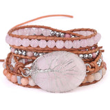 Tree of Life Charm Pink Crystal & Serpenggiante Beaded Leather Bracelet
