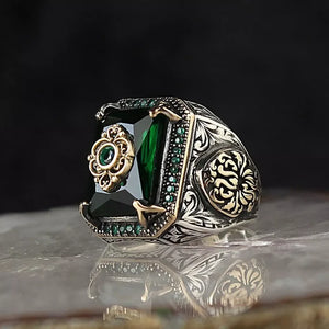 Ancient Silver Eagle Signet Ring with Green Zircon Inlay