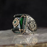 Ancient Silver Eagle Signet Ring with Green Zircon Inlay