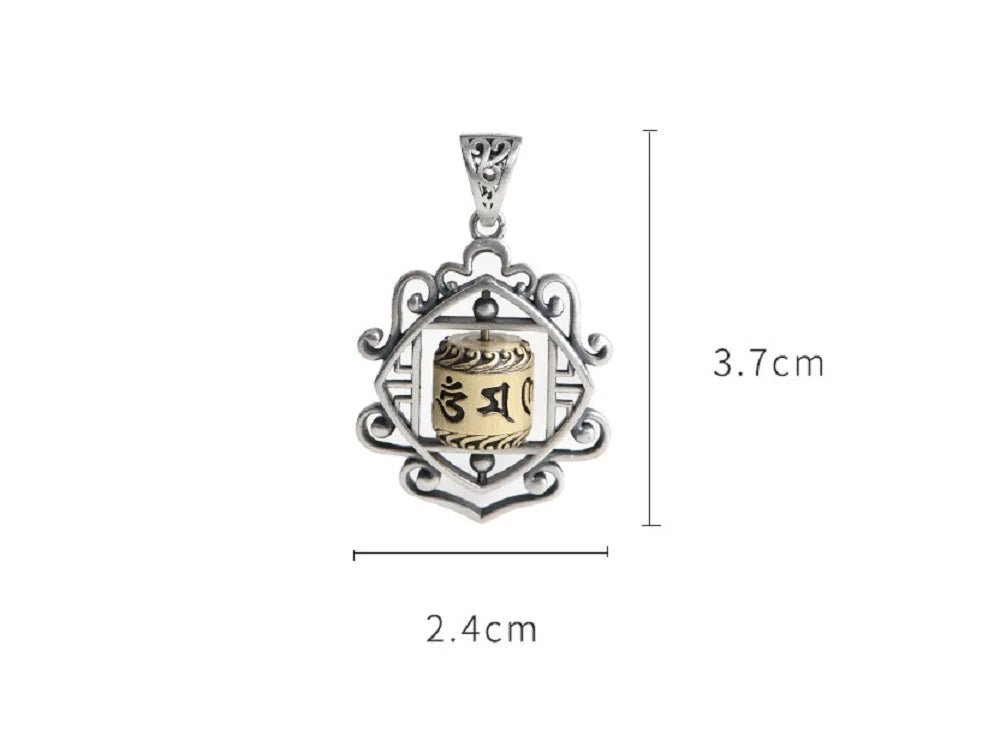925 Silver Tibetan Prayer Wheel Pendant Amulet Good Luck Charm
