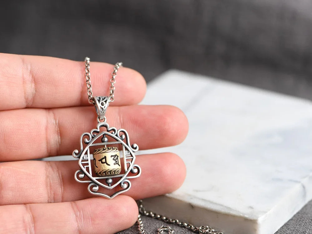925 Silver Tibetan Prayer Wheel Pendant Amulet Good Luck Charm