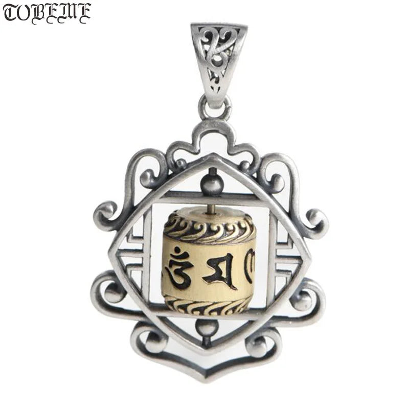 925 Silver Tibetan Prayer Wheel Pendant Amulet Good Luck Charm