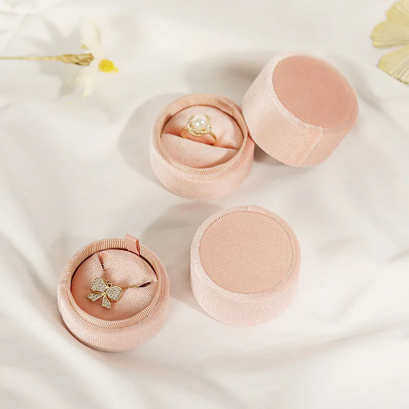 Vintage Velvet Pendant Necklace Boxes Pink Round Storage Ring Boxes