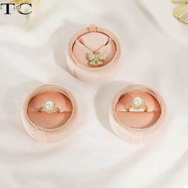 Vintage Velvet Pendant Necklace Boxes Pink Round Storage Ring Boxes