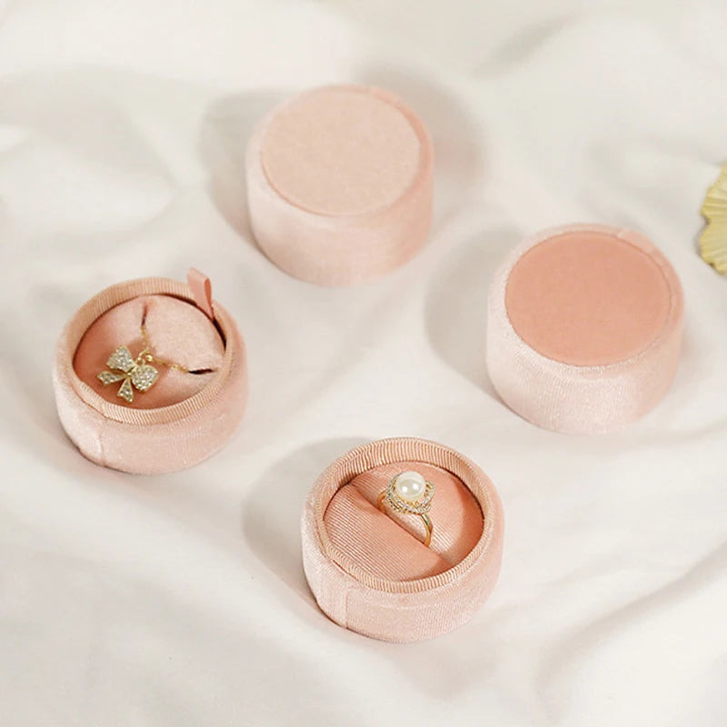 Vintage Velvet Pendant Necklace Boxes Pink Round Storage