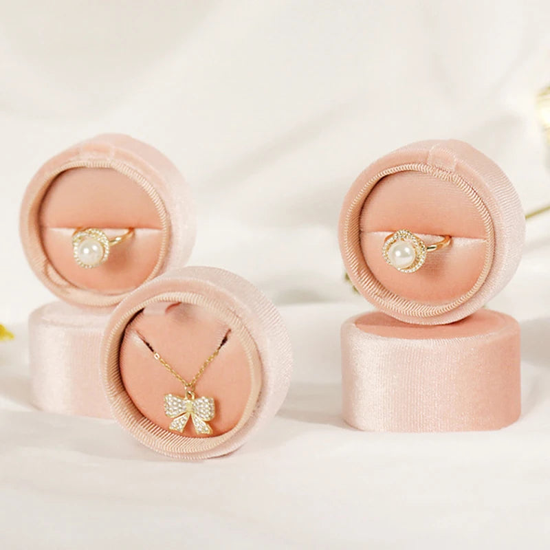 Vintage Velvet Pendant Necklace Boxes Pink Round Storage