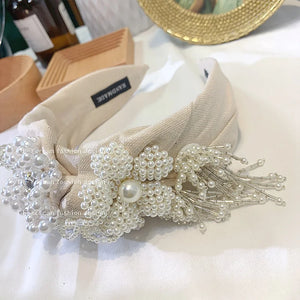 Pearl Flower Hairband Beading Tassel Wide Headband Party Show Women