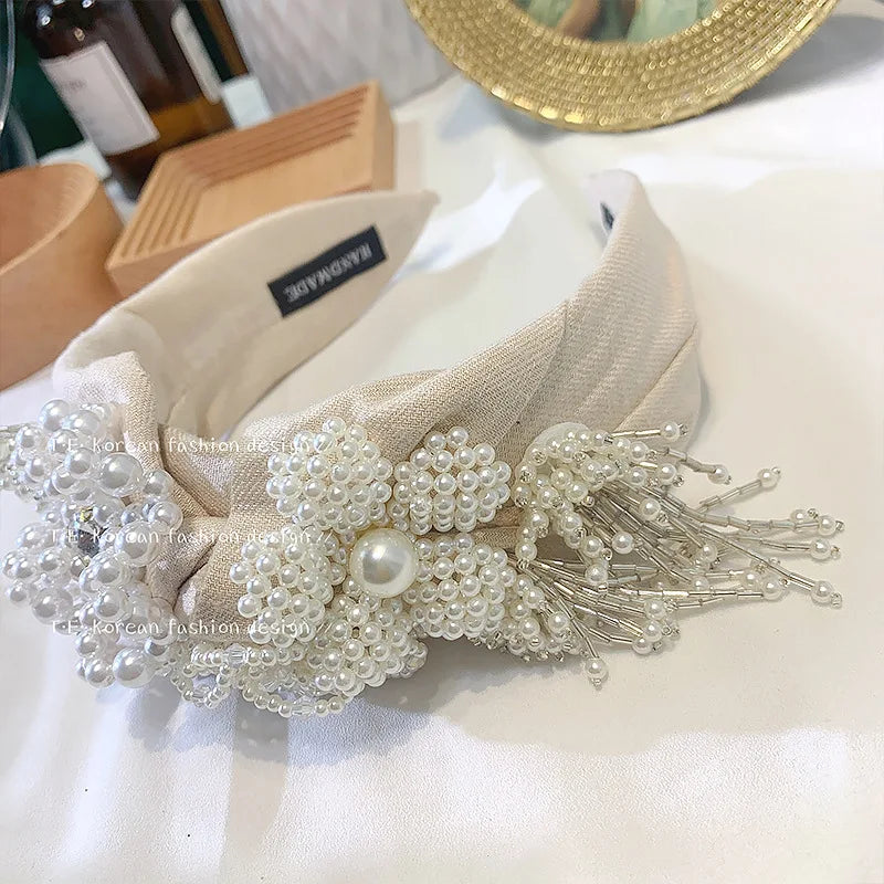 Pearl Flower Hairband Beading Tassel Wide Headband Party Show Women