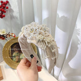 Pearl Flower Hairband Beading Tassel Wide Headband Party Show Women