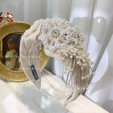 Pearl Flower Hairband Beading Tassel Wide Headband Party Show Women