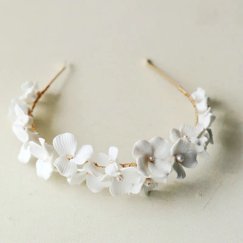 Ceramic Flower Bridal Crown Headband High Pearls Wedding Hair Accessories