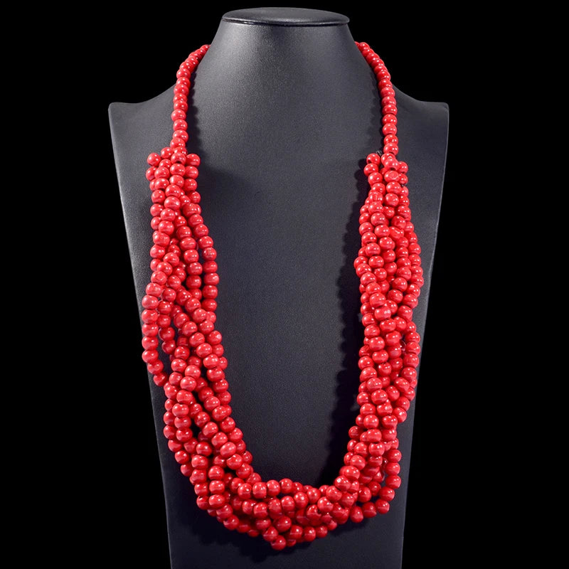 African Wood Statement Bib Collar Necklace