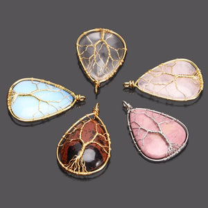 Water Drop Tree Pendant Wire Wrap Reiki - Opal Amethyst Tiger Eye Stone Healing