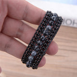 Women Bracelets Round Stone Leather Wrap Beaded Cuff Jewelry