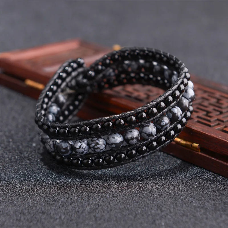Women Bracelets Round Stone Leather Wrap Beaded Cuff Jewelry