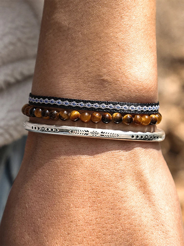 Colombian Boho Knot Rope Bracelet Set Cuff Bangle Natural Tiger Eye Beads