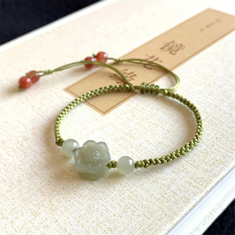 Hetian Jade Rope Bracelet Six Petal Flower